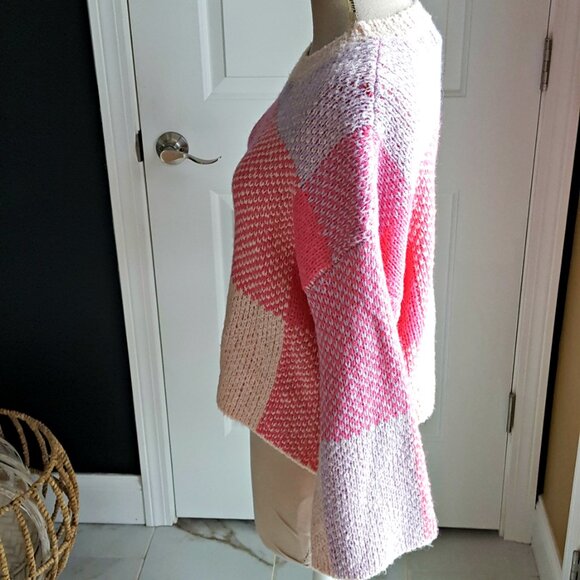 NWT! OVERSIZED PINK PLAID Boho SWEATER SZ L - Picture 3 of 5